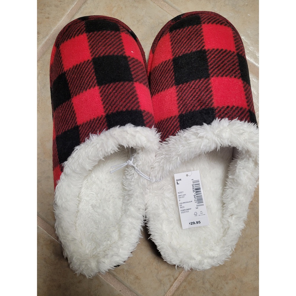 PJ Place Youth Buffalo Plaid Slippers Red Black Faux Cozy Fur Lined Size L